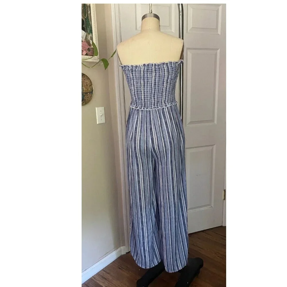 NORDSTROM Gauze Seersucker Strapless Denim Stripe JUMPSUIT Romper *X-SMALL* - Picture 4 of 6